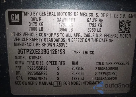 2011 GMC Sierra 1500 Denali z USA, uszkodzony, nr VIN 3GTP2XE23BG126198